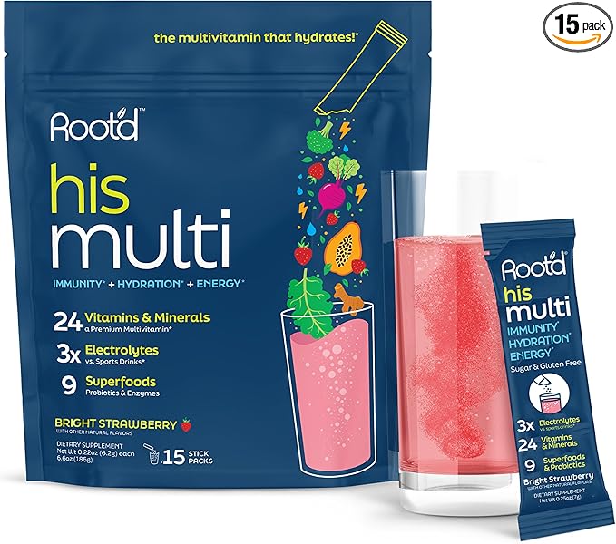 Root'd Multivitamin Powder for Men - 24 Vitamins &amp Minerals with 3X Electrolytes 9 Organic Superfoods Probiotics &amp Enzymes Sugar-Free Multivitamin &amp Hydration | 15 Vitamin Drink Mix Pac