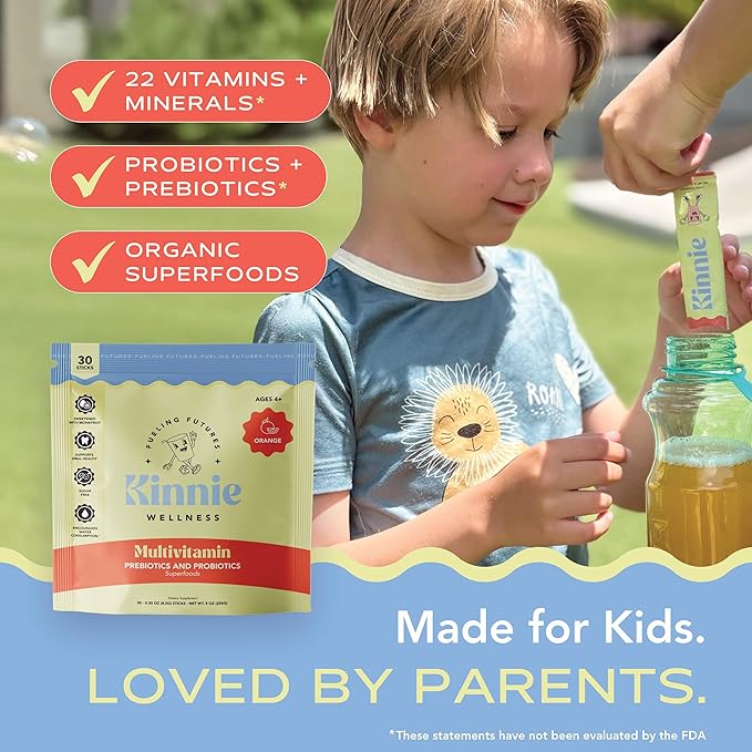 Kinnie Kids Multivitamin with Pre/Probiotic &amp Organic Superfoods for Kids - 22+ Vitamins &amp Minerals - Sugar-Free Orange Flavor - Immune Gut &amp Oral Health Support - Ages 4+ (30 Sticks)