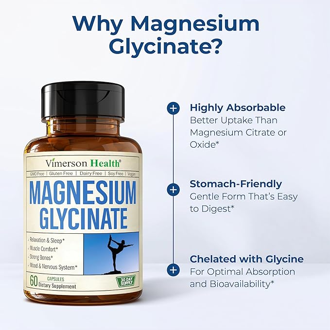 Vimerson Health Magnesium Glycinate 200 mg for Sleep &amp Relaxation – Calm Mind &amp Stress Support – Gentle on Stomach Bioavailable Form – 60 Vegan Capsules