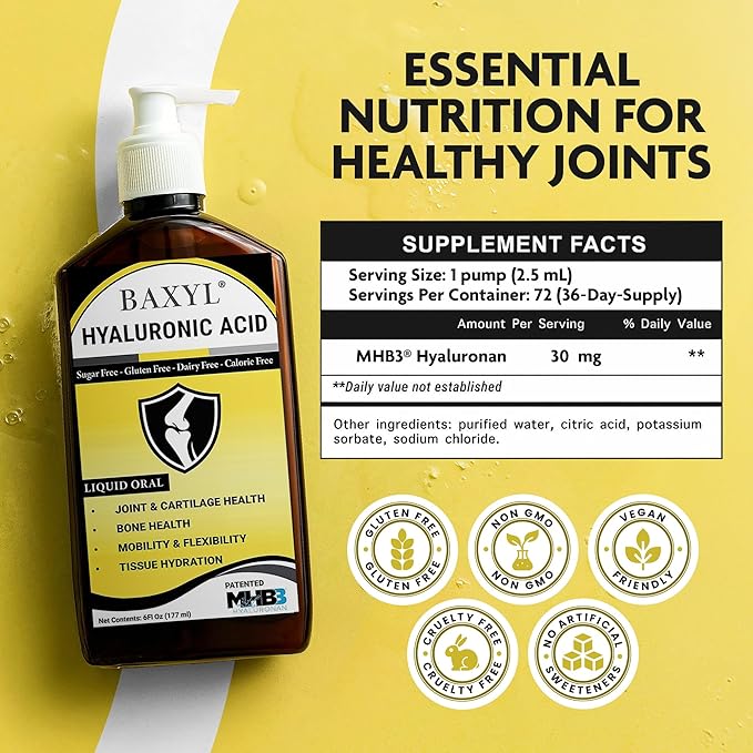 BAXYL - Liquid Hyaluronic Acid for Joint Relief Supplement (Vegan Gluten-Free Non-GMO Patented Oral MHB3) (3 Pack)