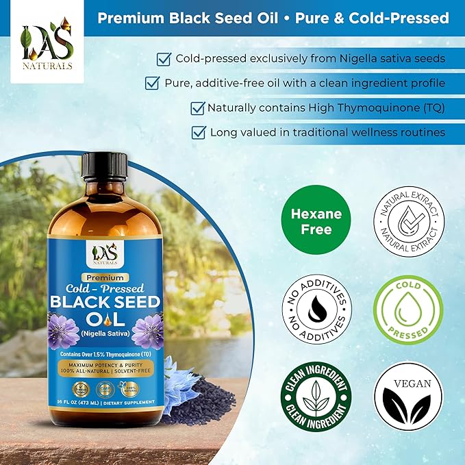 Black Seed Oil 16oz Premium Cold-Pressed Black Cumin Seed Oil | Nigella Sativa High Thymoquinone Omega 3 6 9 | 100% Pure Unrefined Liquid Non-GMO Vegan