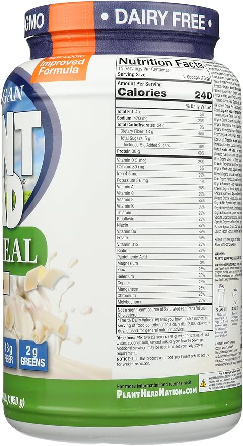 Plant Head Real Meal Organic Plant Based Protein Powder Vanilla - Vegan Low Net Carbs Non Dairy Gluten Free Lactose Free No Sugar Added 2.3 Pound