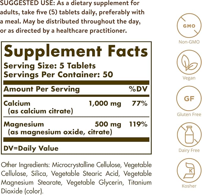 Solgar Calcium Magnesium Citrate 250 Tablets - Supports Healthy Bones &amp Teeth - Musculoskeletal &amp Nervous System Support - Highly Absorbable - Non-GMO and Vegan - 50 Servings