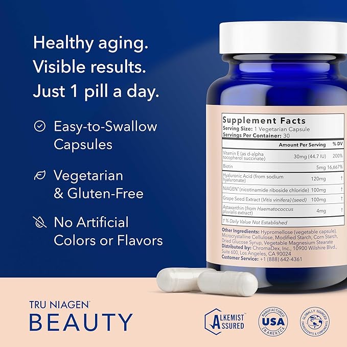TRU NIAGEN BEAUTY NAD+ for Hair Skin &amp Nails | Contains Niagen® Astaxanthin Hyaluronic Acid Biotin | Supports Skin Elasticity &amp Moisture Retention | Daily Supplements for Men &amp Women |