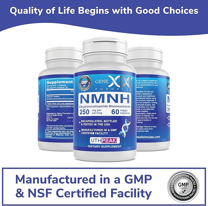 Genex Formulas 250mg NMNH (60 Capsules - 30 Servings) | Uthpeak™ NMNH (Dihydronicotinamide Mononucleotide) NAD+ Precursor for Healthy Aging - Non-GMO Gluten-Free Vegetarian