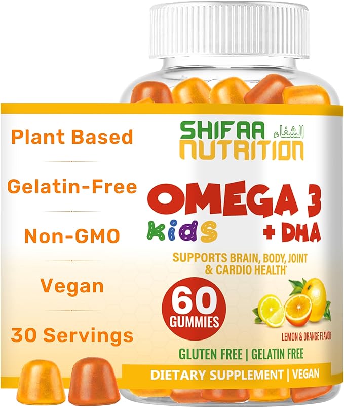 SHIFAA NUTRITION Halal Omega 3 for Kids with DHA Gummies for Brain Development Heart &amp Immune Support Plant-Based Non-GMO Algae-Based DHA Gluten &amp Gelatin-Free Kids Omega 3 Gummies 30 Se