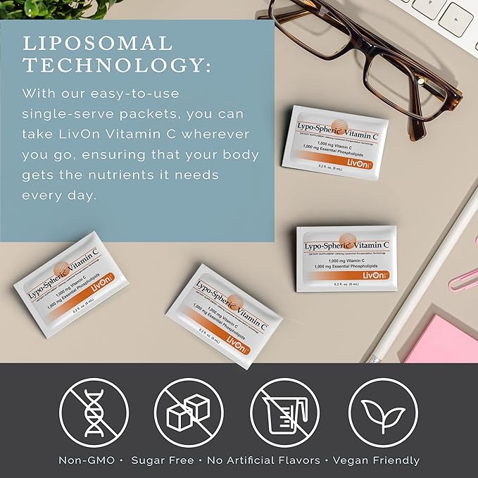 LivOn Laboratories Lypo–Spheric Liposomal Vitamin C 1000mg - No Sugar Immune Support Plant Based - Easy to Swallow Absorbable - Non–GMO Gluten Free (0.2 fl oz Individual 30 Packets)