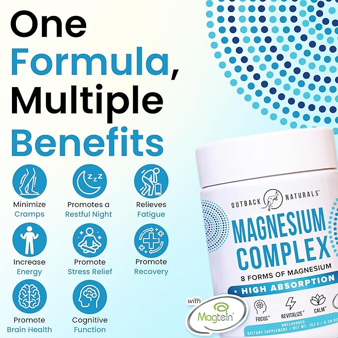 Magnesium Complex Powder - 8 Types of Magnesium L-Threonate (Magtein) Glycinate Malate and More for Brain Health Relaxation Maximum Absorption - Unflavored 30 Servings