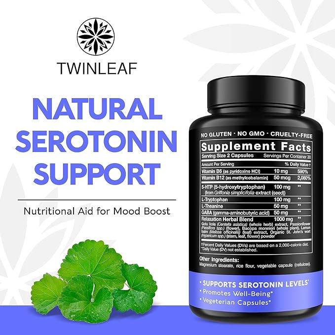 TWINLEAF Serotonin &amp Dopamine Support Bundle - 5HTP Vitamin B6 B12 GABA L-Tyrosine &amp L-Theanine for Mood &amp Mental Well-Being - 60 Capsules Each - Made in USA