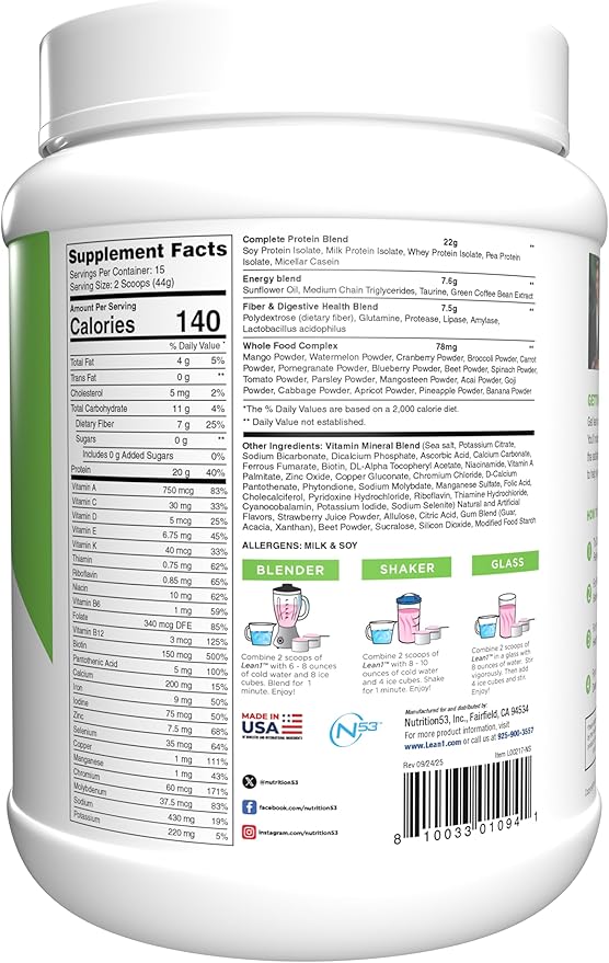 Lean1 Meal Replacement Protein Shake Strawberry Flavor 15 Serving Tub