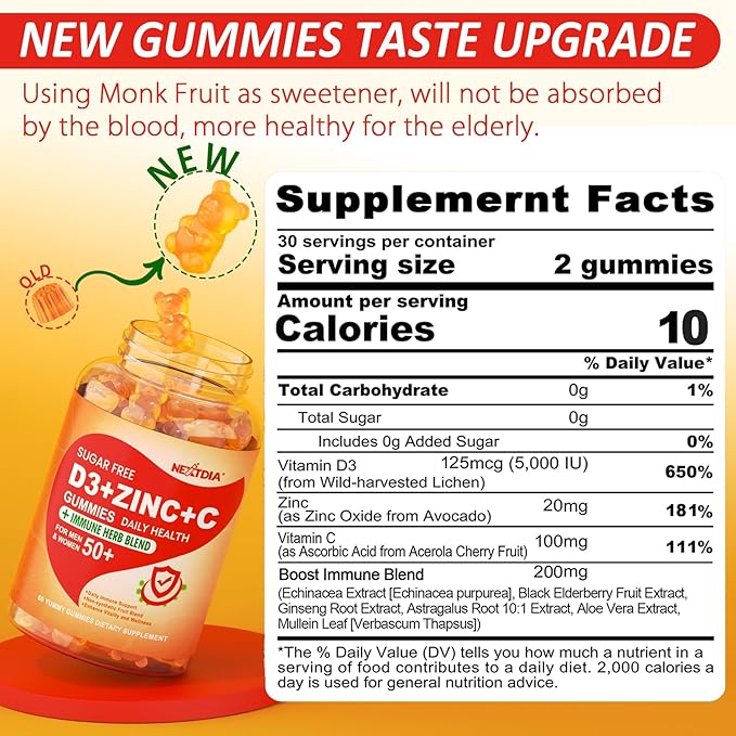 Nextdia Sugar Free C + D3 + Zinc Immune Gummies + Sugar Free CoQ10 200mg Filled Gummies