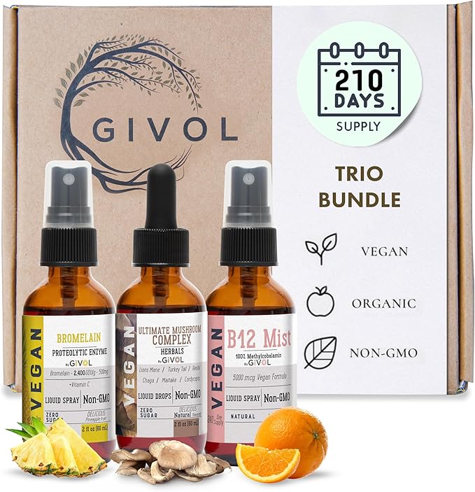 Trio Bundle - Mushroom Complex Drops B12 Mist &amp Bromelain Spray - Non-GMO Gluten-Free Sugar-Free Easy Absorption Multivitamins for Kids &amp Adults - 2 Fl Oz 420 Day Supply