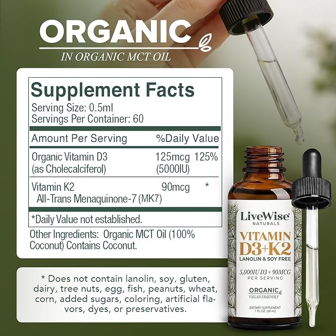 Live Wise Naturals Vegan D3 K2 Vitamin 5000 IU 90 MCG (MK-7) Drops - 60 Servings Ultra Concentrated Formulation and Fast Absorption - Precision Micro-Dosing Dropper for Cognitive &amp Immune Suppo
