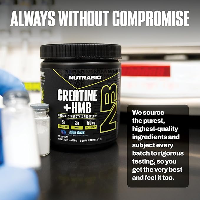 NutraBio Creatine + HMB- Creatine Monohydrate with HMB Powder for Muscle Growth Increased Strength- 30 Servings (Blue Razz)