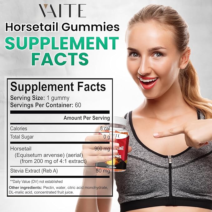 VAITE Horsetail Herb Hair Growth Gummies – Silica &amp Antioxidant Supplement with Horsetail Extract for Stronger Hair Skin &amp Nails Non-GMO Gluten-Free – Cola de Caballo Hierba – 60 Vegan Chew