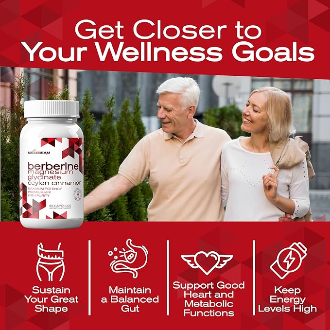 MuseBeam Berberine HCL Magnesium Glycinate Supplement - 1800mg High Purity Capsules with Ceylon Cinnamon - Vegan Friendly Non-GMO Gluten-Free Sugar Free Pill for Men Women