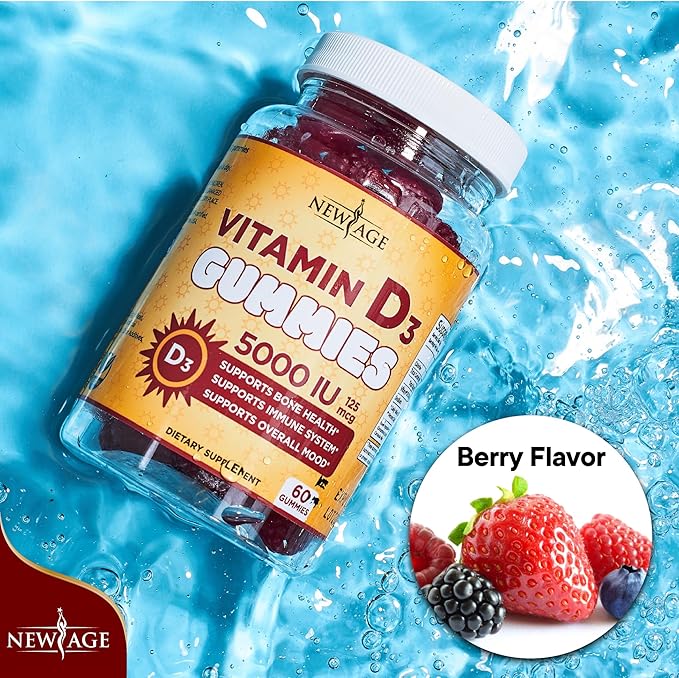 NEW AGE Vitamin D3 5000 IU 125mcg Gummies - Immune Supplement - Non-GMO Gluten-Free Dairy-Free No Gelatin (180 Gummies (Pack of 3))