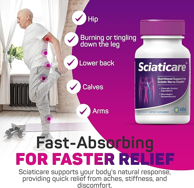 Vita Sciences Sciaticare Nerve Soothing Supplement Vitamins with Natural R-ALA Form 40X Strength NOT Synthetic Alpha Lipoic Acid (ALA) - Lower Lumbar Sciatic Hip Thigh Leg Foot