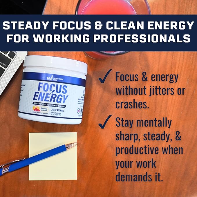 Focus &amp Energy Drink Mix Powder – Zero Sugar 100mg Caffeine + L-Theanine + L-Tyrosine Calm Nootropic Supplement for Steady Focus &amp Clean Energy – (25 Servings)