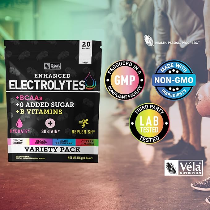 Zeal Naturals Enhanced Electrolyte Powder Stick Packs (Variety Pack - 20 Packets) Sugar Free + BCAA B-Vitamins &amp Pink Himalayan Salt - Keto Electrolytes Hydration Powder