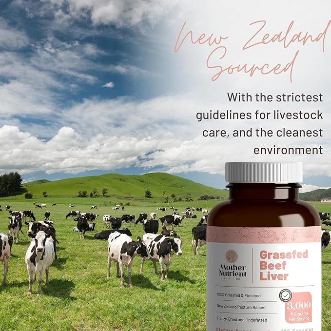 Mother Nutrient Grass Fed Beef Liver Capsules Sourced from Pasture-Raised Beef in New Zealand — Vitamins A and B12 w/Iron Protein and More - 45-Day Supply-180 Capsules