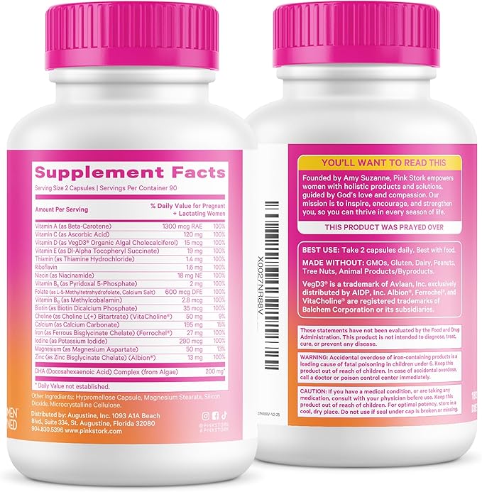 Pink Stork Total Prenatal Vitamins with DHA Folate and Iron 3 Month Supply to Help Support Fetal Development Pregnancy Must Haves - 180 Capsules