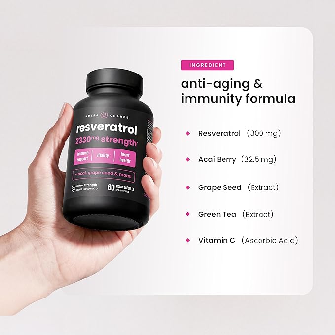NutraChamps Resveratrol Supplement Extra Strength Formula for Healthy Aging Immune Support 60 Vegan Capsules with Trans-Resveratrol Green Tea Leaf Acai Berry &amp Grape Seed Extract (Pack of 2)