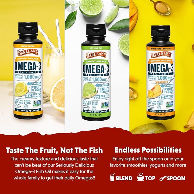 Barlean's Omega 3 Fish Oil Liquid Supplement for Men and Women 1500mg of EPA and DHA Fatty Acid Promotes Brain &amp Heart Health - Non-GMO Variety Pack 8 oz