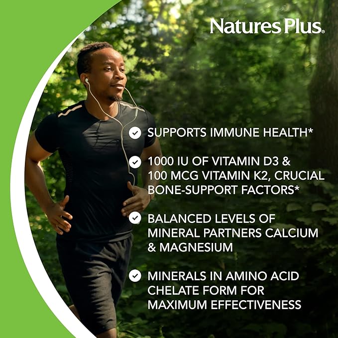 NaturesPlus Calcium/Magnesium/Vitamin D3 with Vitamin K2 - Supports Bone &amp Immune Health - Vegetarian Gluten Free - 180 Tablets - 45 Servings