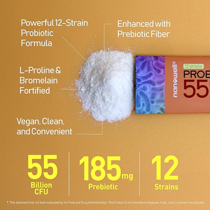 NANOWELL 12 Strains Probiotic 55 Billion CFU with Digestive Enzymes Powder - Immune Support Gut Health Probiotics Prebiotics &amp Postbiotics - 60 Sticks 60 Day Supply