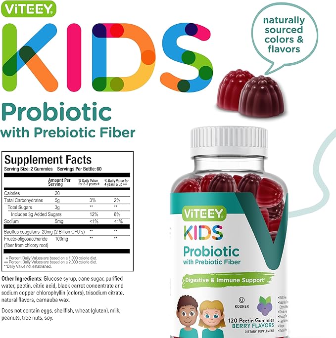 Viteey Probiotic Gummies for Kids Plus Prebiotics Fiber - 2 Billion CFUs - Digestive HealthGut Health Constipation Relief for Kids Support - Vegan Gelatin Free - Chewable Probiotic Berry Flavored
