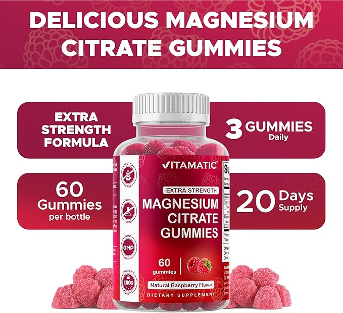 Vitamatic Extra Strength Magnesium Gummies – 255 mg Elemental Magnesium per Serving – 60 Gummies (2-Pack) Supports Relaxation Muscle Function Bone Health &amp Energy – Vegan Non-GMO Gluten-Free