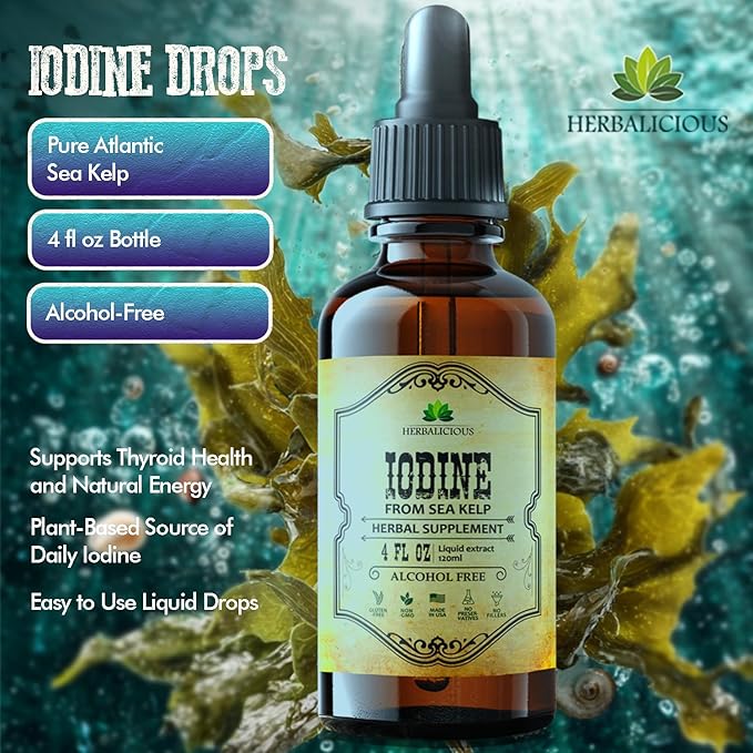 Iodine Drops – Natural Iodine Liquid from Sea Kelp – Thyroid Supplement for Energy Digestion &amp Immune Support – Organic Non-GMO Formula – 4 fl oz