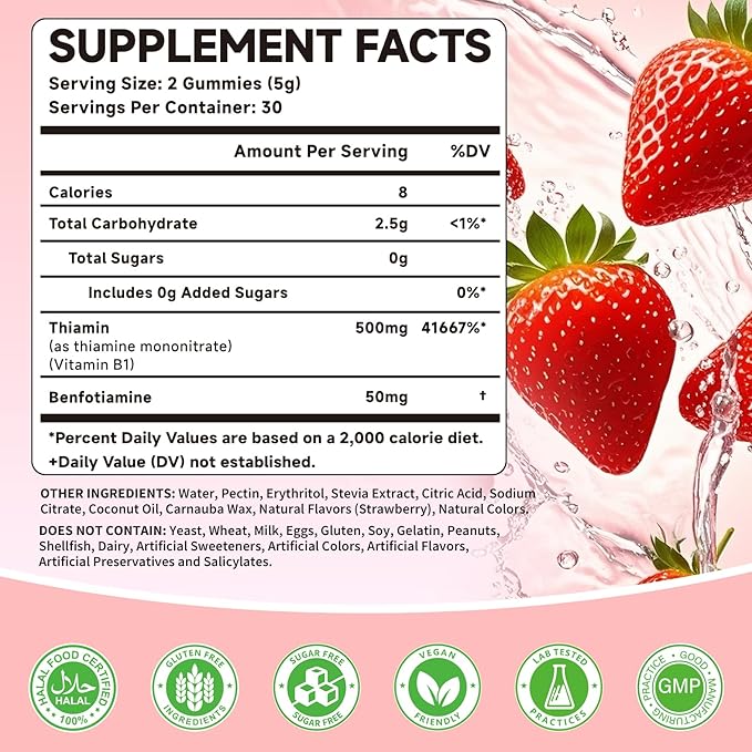 Vitamin B1 Gummies 500mg with Benfotiamine | High Potency Thiamine Supplement for Women &amp Men Energy Support | Sugar Free Vegan Non-GMO | Natural Strawberry Flavor 120 Count