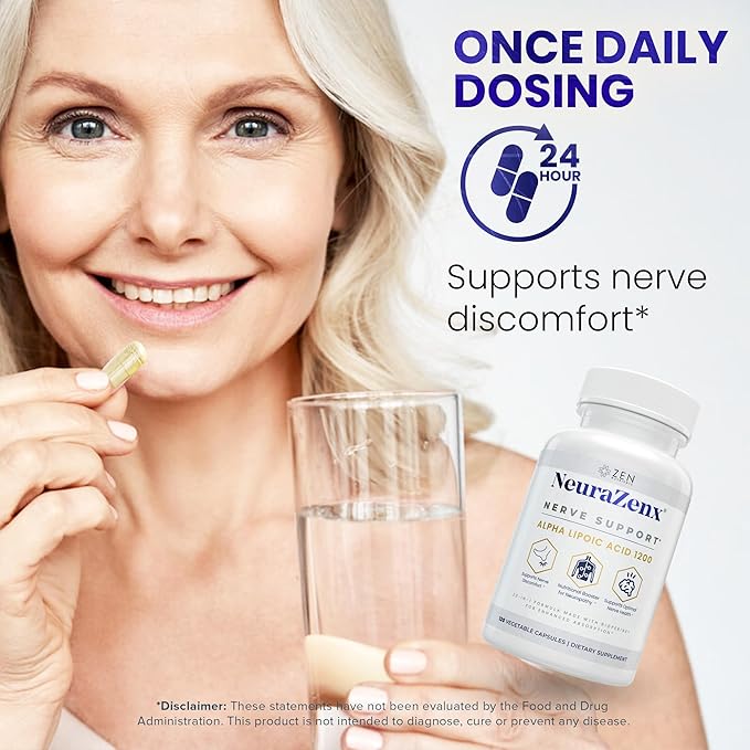 Zen Nutrients NeuraZenX Nerve Support &amp Peripheral Neuropathy Support Supplement with 1200mg Alpha Lipoic Acid (ALA) Benfotiamine L-Carnitine and Turmeric