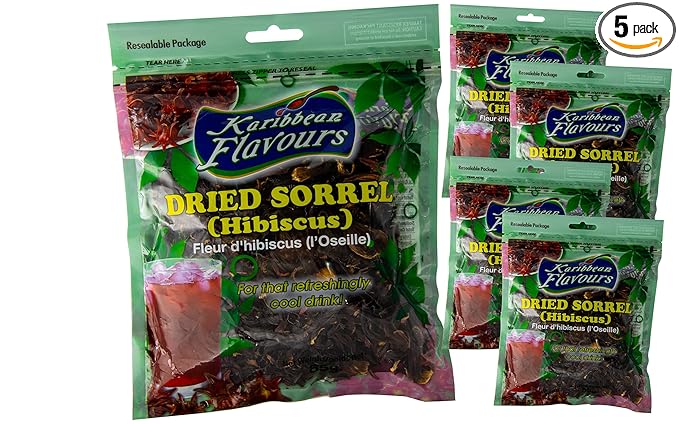 Premium Sorrel (5 pack) Hibiscus Flower Whole Petal 3 Oz (pack of 5) - Flor de Jamaica Zobo Flower perfect for Tea and Mexican Agua Fresca - Makes Refreshing Iced Tea Or Hot Tea