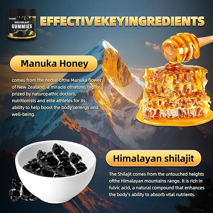Shilajit Gummies Manuka Honey Lemon Flavor Himalayan shilajit No Added Sugar Ashwagandha Gokshura| Fulvic Acid &amp 85+ Trace Minerals for Men Women I Non-GMO 100% Natural &amp Organic I 30 Gummy
