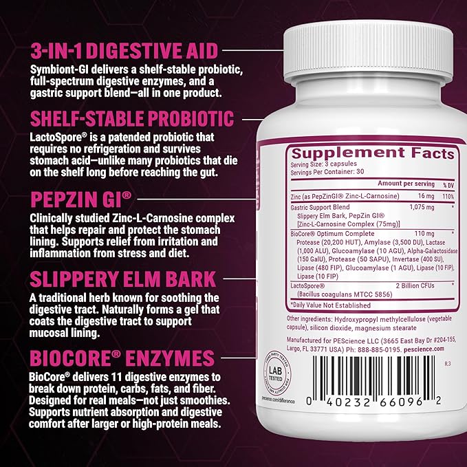 PEScience Symbiont-GI Gut Health Capsules with Zinc Carnosine Pepzin GI Shelf Stable Probiotic Digestive Enzymes Slippery Elm Bark 30 Day Supply 90 Capsules