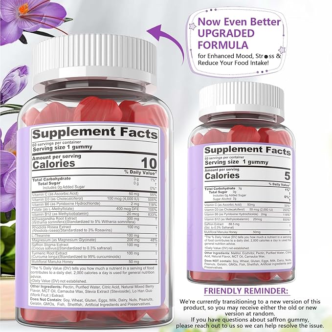 Saffron Supplements Gummies 100mg - 100% Pure Saffron Extract With Magnesium Glycinate L-Theanine Turmeric Ashwagandha Honey &amp Vitamin B Complex for Mood &amp Power Antioxidant Vitality - 1
