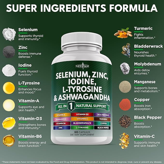 Selenium Zinc Iodine L Tyrosine Ashwagandha - Thyroid Support Supplement for Women and Men with Bladderwrack Turmeric Silica Kelp Schisandra - 60 Count (Pack of 3)