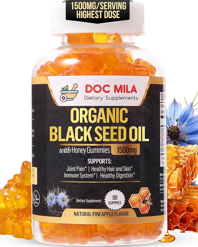 Organic Black Seed Oil Gummies 1500mg - Black Seed Oil Softgels Capsules with Honey Pineapple Flavor - Gluten Free Soy Free &amp Non-GMO