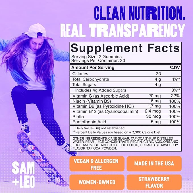 SAM+LEO Vitamin B Complex Gummies with Biotin for Kids &amp Teens - Caffeine-Free Focus &amp Energy Support Supplement Gummies | Vegan &amp Gluten Free Supplement - Strawberry Flavor (60 Count)