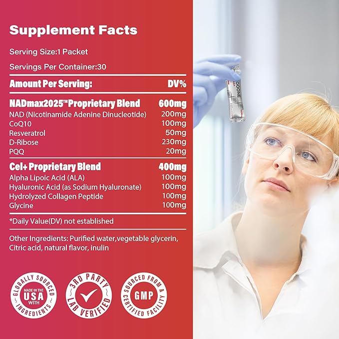 zooone NAD+ 1000mg Liquid Packets Supplement - Premium Nicotinamide Riboside &amp Resveratrol for Cellular EnergyAdvanced NAD Booster for Men &amp Women (60 Pocket)