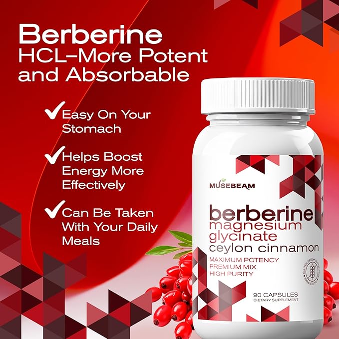 MuseBeam Berberine HCL Magnesium Glycinate Supplement - 1800mg High Purity Capsules with Ceylon Cinnamon - Vegan Friendly Non-GMO Gluten-Free Sugar Free Pill for Men Women