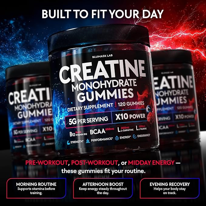 Creatine Monohydrate Gummies Complex 5000 MG for Men &amp Women Preworkout Gummy with BCAA L-Carnitine Taurine &amp Vitamin B12 for Muscle Growth Strength &amp Energy Support  Flavored and Che