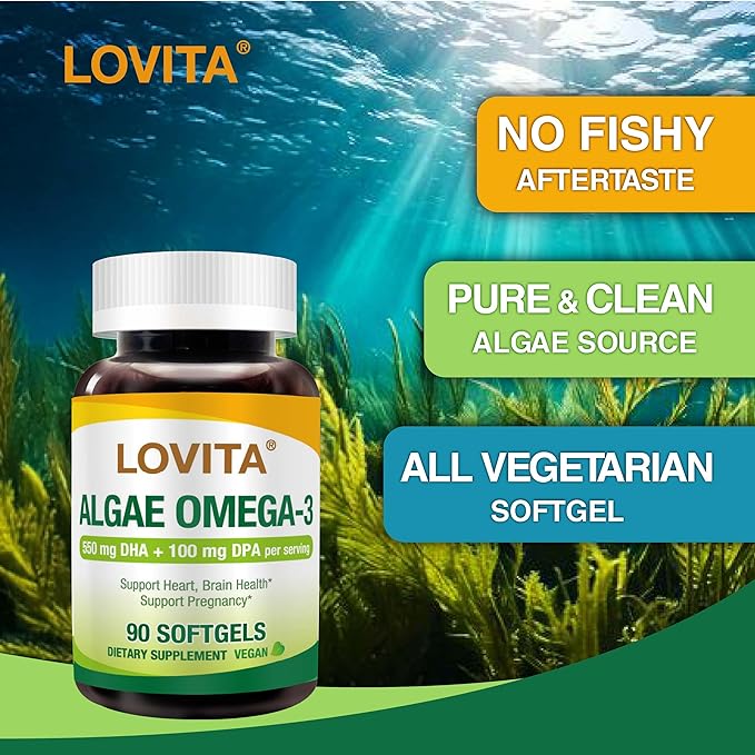 Lovita Algae Omega-3 Vegan and Plant-Based DHA &amp DPA Fish Oil Alternative 1000mg Algae Oil Support Heart and Brain Health Carrageen-Free 90 Softgels