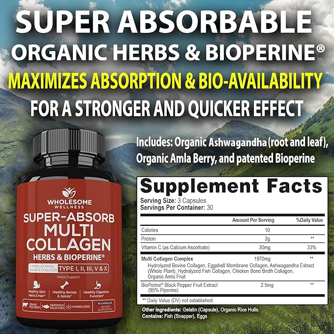 Wholesome Wellness Digestive Enzymes 1000MG Plus Prebiotics &amp Probiotics Supplement + Super-Absorb Multi Collagen Pills (Type I II III V X) Organic Herbs and Bioperine Bundle