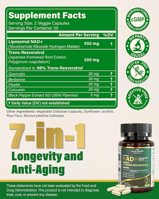 Liposomal NAD+ Resveratrol Supplement - NMN Alternative with Trans-Resveratrol Quercetin &amp Fisetin - NAD Plus Booting for Women and Men Support Cellular Energy &amp Healthy Aging Non-GMO | 60