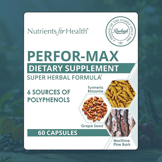 Rawleigh Perfor-Max Antioxidant Blend – Grape Seed Extract Pine Bark Turmeric Green Tea Rosemary &amp Hawthorn – 6-in-1 Polyphenol Complex for Heart Circulation &amp Healthy Aging. 60 Capsules