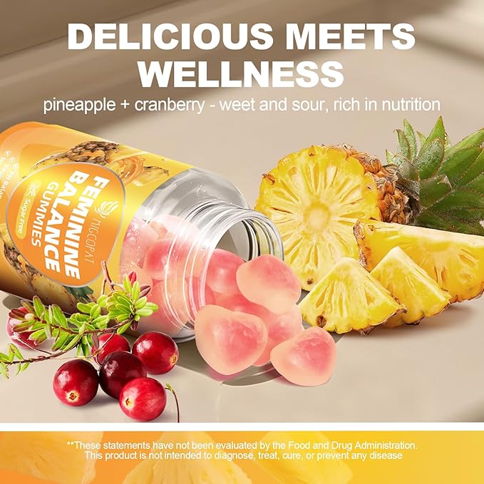 Premium Feminine Balance Gummies Women’s Health Probiotics - 100 Billion CFU Probiotics - Immune Support Gut Health Hormone Balance PH Balance Vitality Pineapple Flavor 60 Count